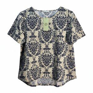 NWT | YESNO Navy & Cream Damask Print Boho Top | Artisanal | Large